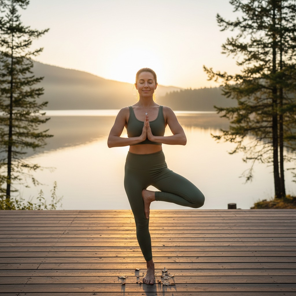 Una mujer practica la postura del árbol de yoga sobre una plataforma de madera frente a un lago al amanecer.